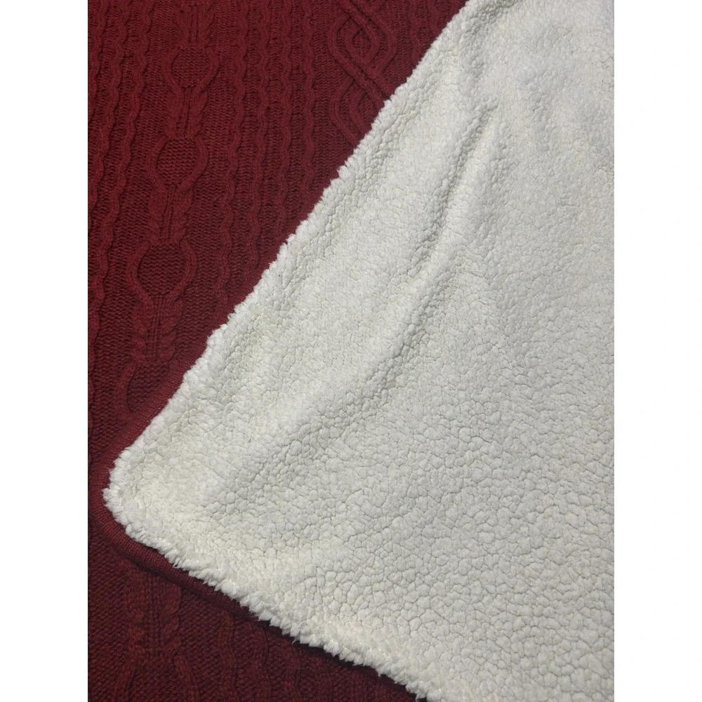 LL Bean Throw Blanket Chunky‎ Cable Knit Fisherman Red Soft Sherpa Reversible